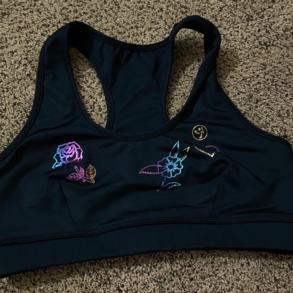 Zumba Fitness Black Sports Bra with Multicolor Embroidery
